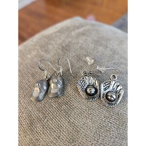 Pewter Baseball Softball Earrings Lot of Two Mitt Cap So Cute!!